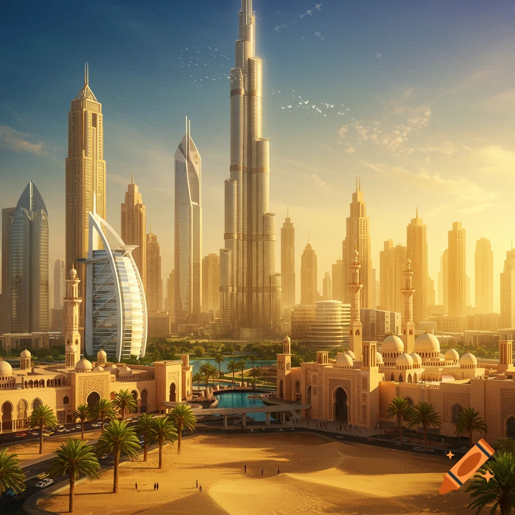 Golden hour cityscape of Dubai, featuring modern skyscrapers, traditional buildings, desert dunes, and a clear blue sky.