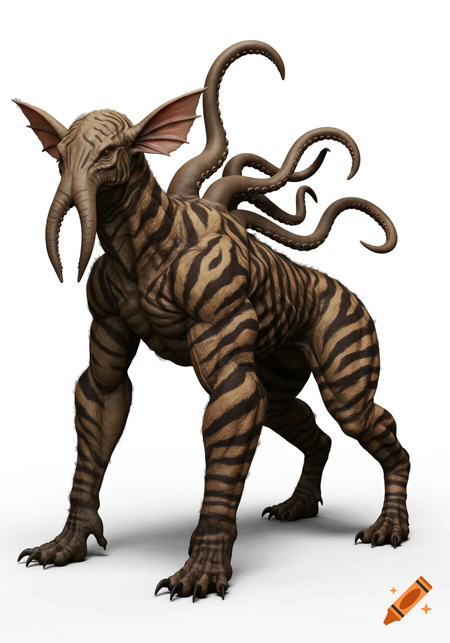 A muscular, photorealistic fantasy displacer beast with a striped body, elephant trunk, frilled ears, and tentacles on its back, on a white background.