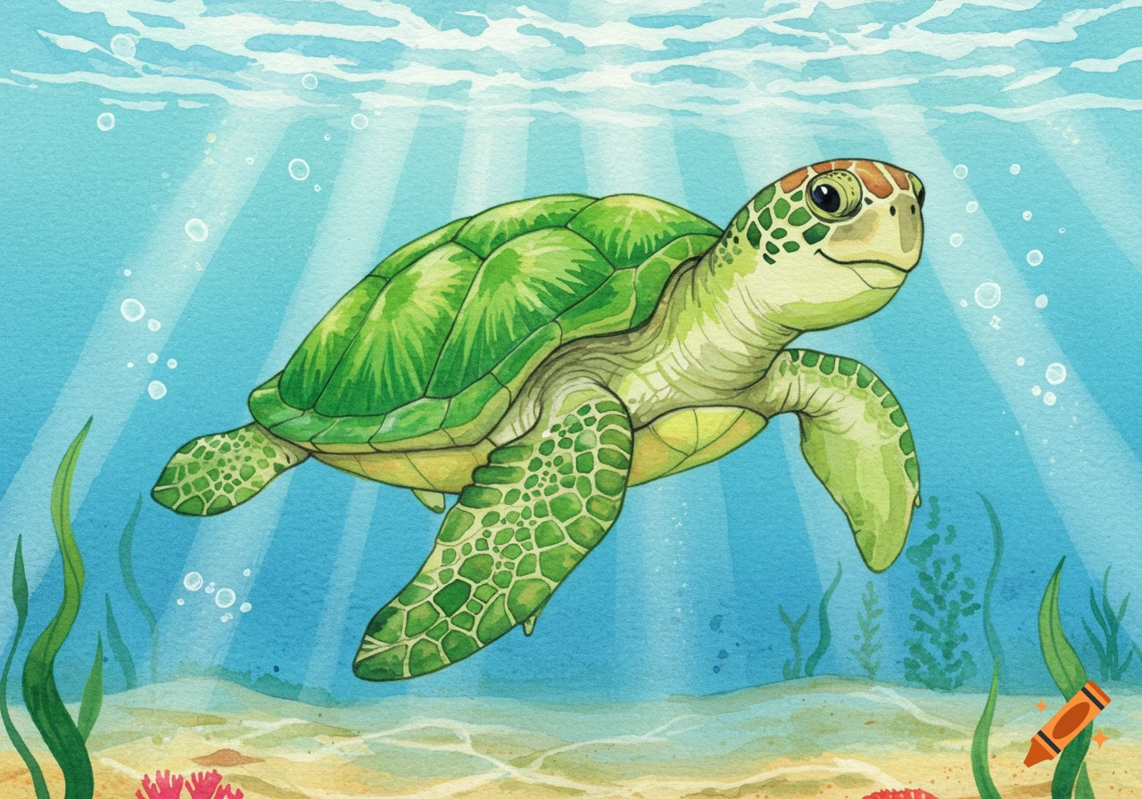 A happy green sea turtle swims in a bright watercolor underwater scene with light rays and bubbles.