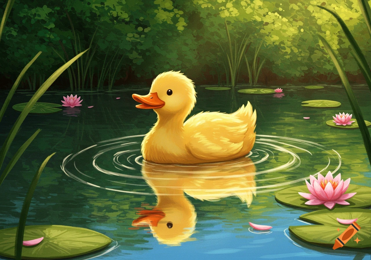 A cute yellow duckling swims in a pond with pink lily pads and green foliage, in an illustrated style.