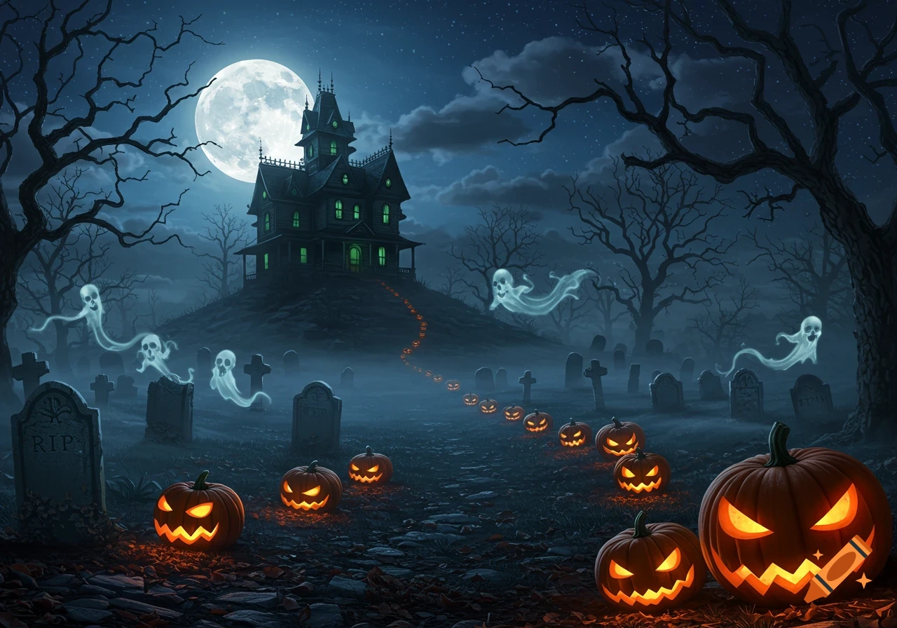 A spooky Halloween night scene with a haunted mansion on a hill, a full moon, a graveyard with ghosts, and glowing jack-o'-lanterns.