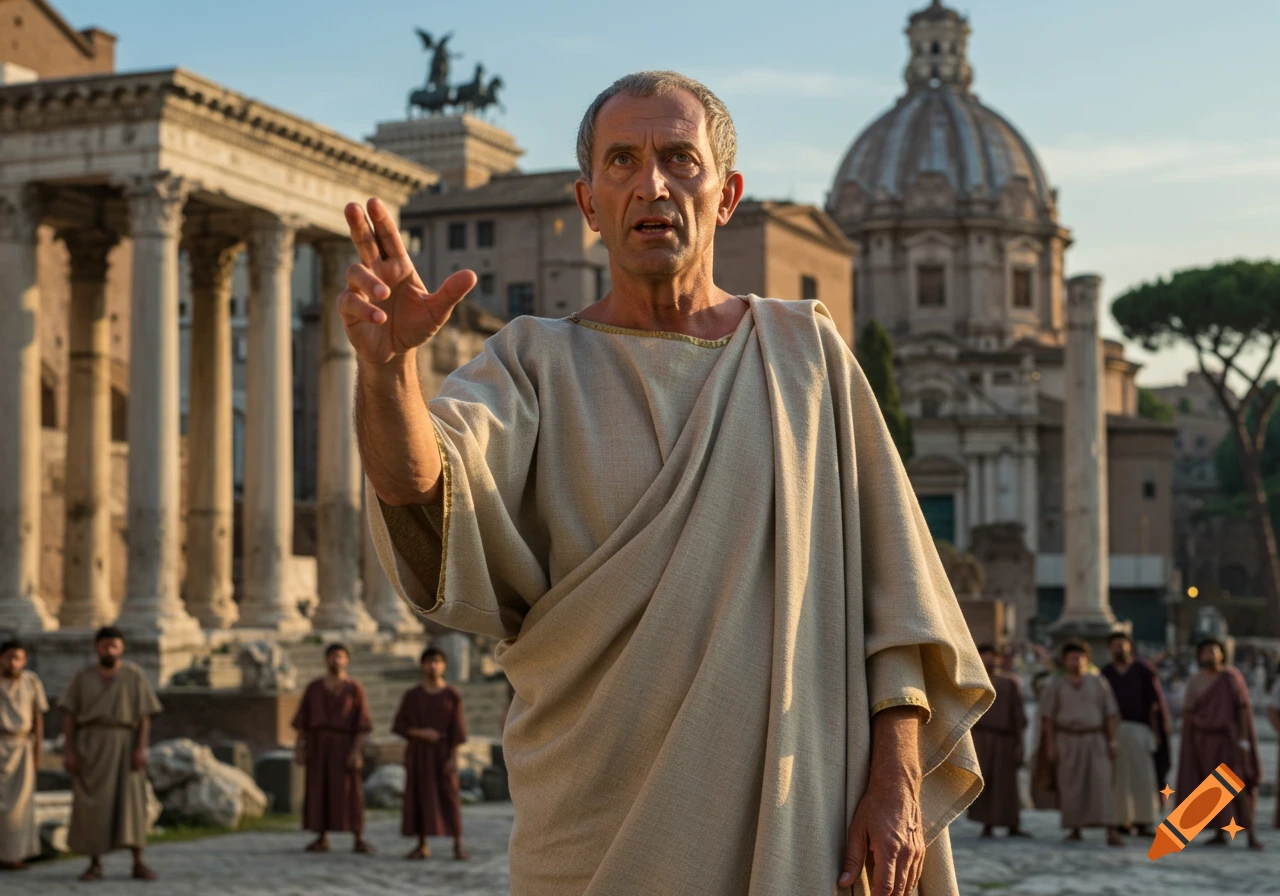 Photorealistic image of a Roman orator in a toga, gesturing emphatically in the ancient Roman Forum with classical ruins and a domed building.