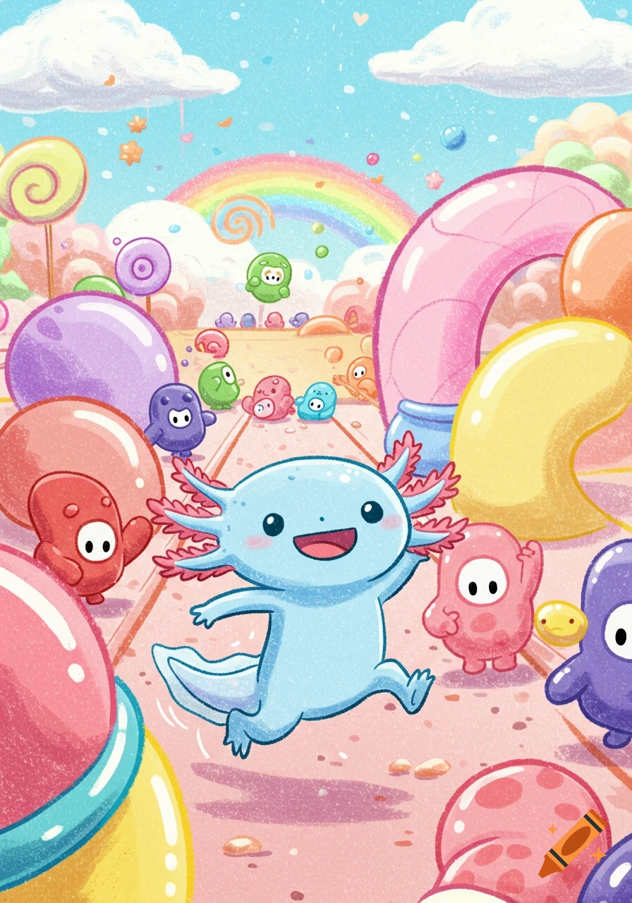 A happy blue axolotl runs through a pastel candy land filled with Fall Guys characters and a rainbow, in crayon style.
