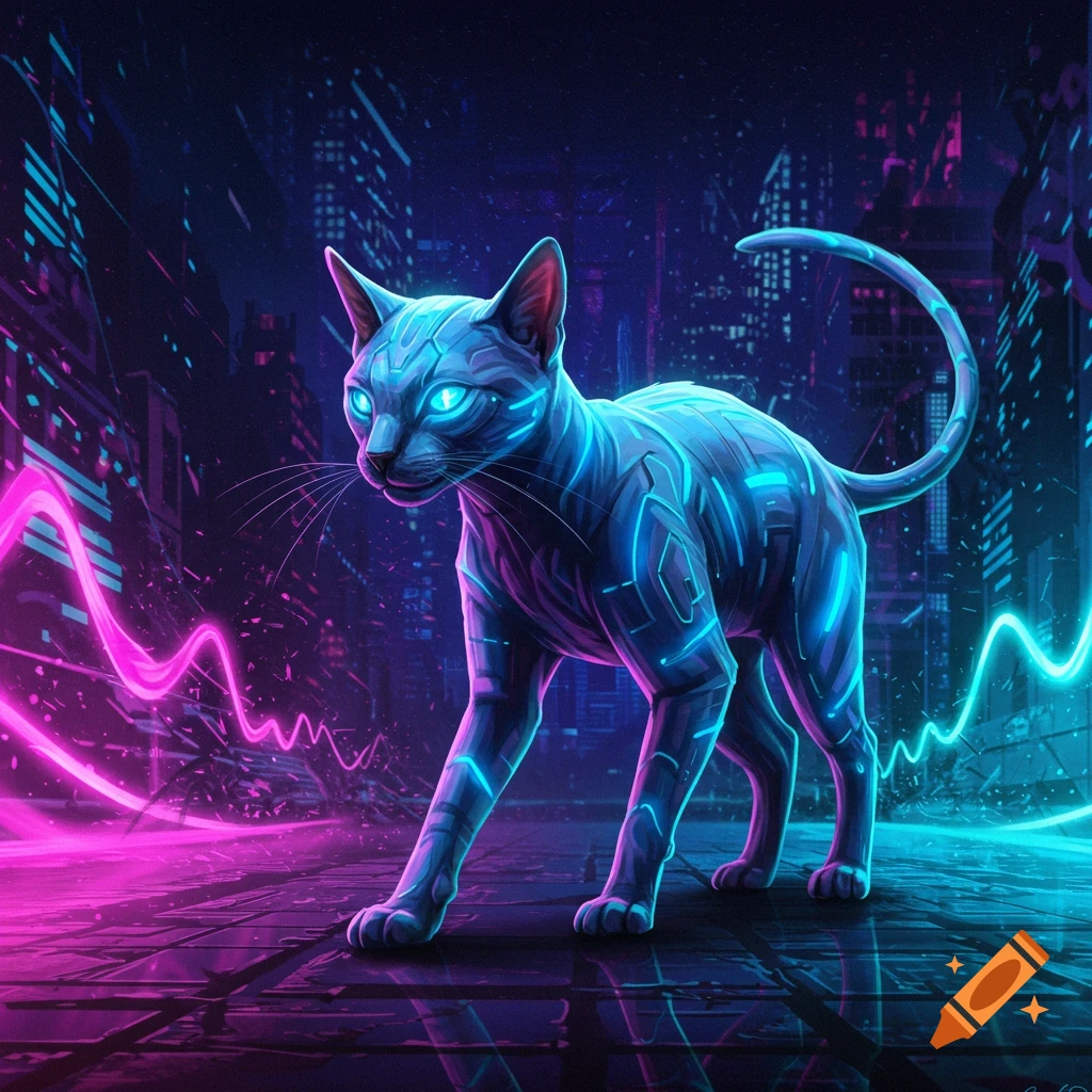 A futuristic, cybernetic cat with glowing blue patterns walks on a neon-lit city street at night, with pink and blue light trails.