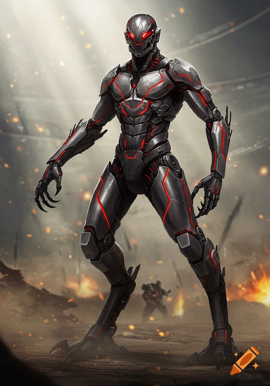 A sleek, dark gray humanoid mech with glowing red eyes and red highlights stands in a desolate, debris-filled landscape.