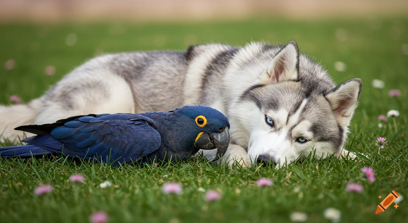 A photorealistic husky with blue eyes lies next to a blue Hyacinth macaw in a grassy field with small flowers.