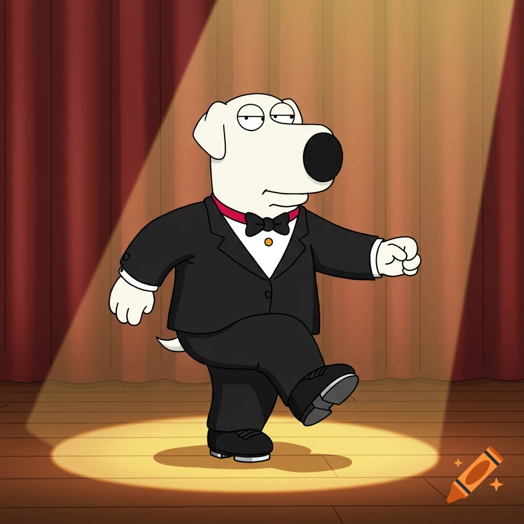 Cartoon Brian Griffin from Family Guy tap dancing in a tuxedo on a stage under a spotlight.