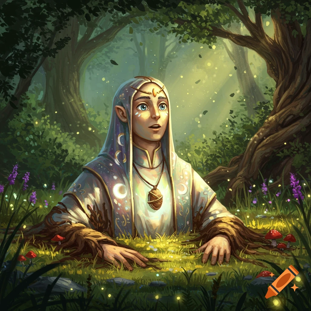 An elf-like cleric emerges from mossy ground in a magical forest, looking surprised in an illustrated fantasy scene.