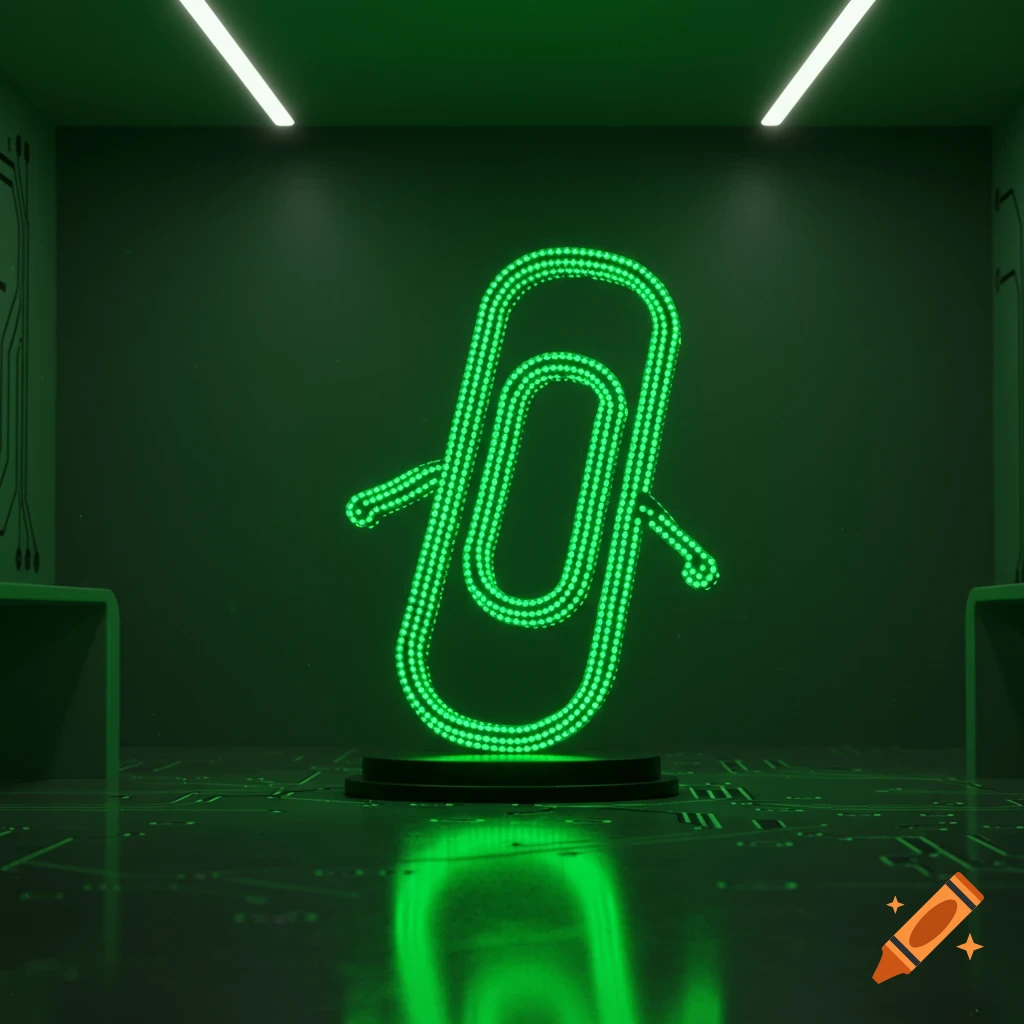 A glowing green LED figure of Microsoft Clippy stands on a pedestal in a dark, tech-themed room with circuit board patterns.