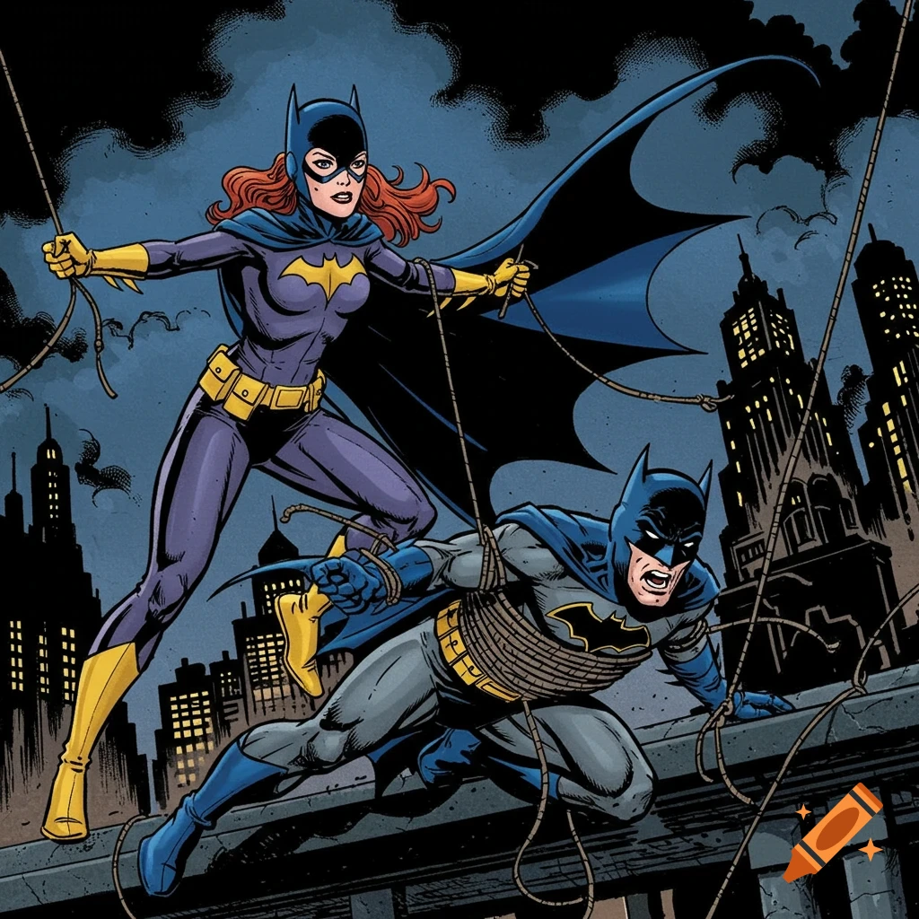 Batgirl ties up Batman with ropes on a Gotham City rooftop at night, in a classic comic book art style.