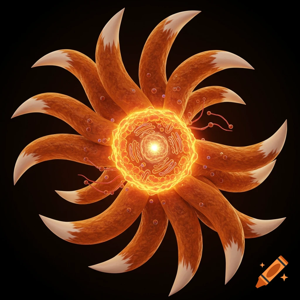 A glowing orange stylized cell with internal structures, surrounded by nine furry fox tails, against a black background.
