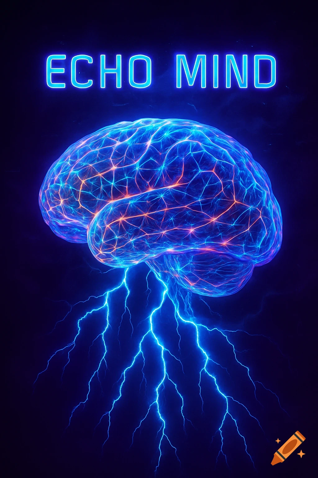 A glowing blue and orange brain with blue lightning bolts below it, and neon text 'ECHO MIND' above, on a dark blue background.