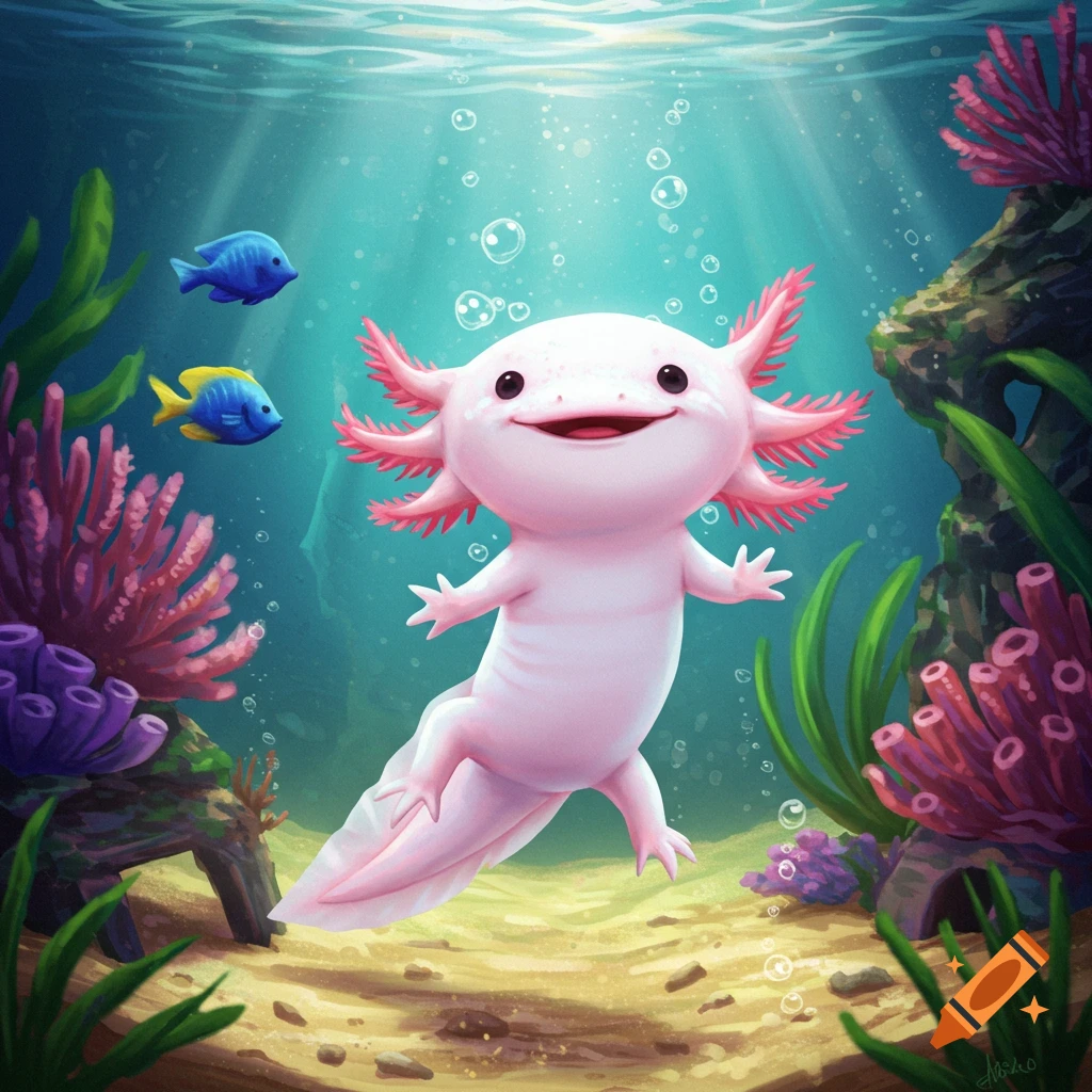 A cute, pink, smiling axolotl swims happily underwater with colorful coral, plants, and two small fish in a cartoon style.
