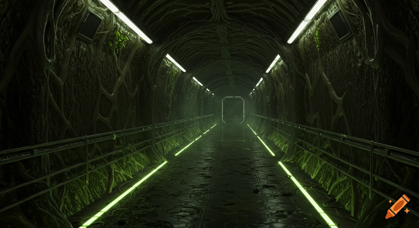 Dark, eerie spaceship corridor with organic, root-like walls, glowing green floor lights, and white overhead lights.