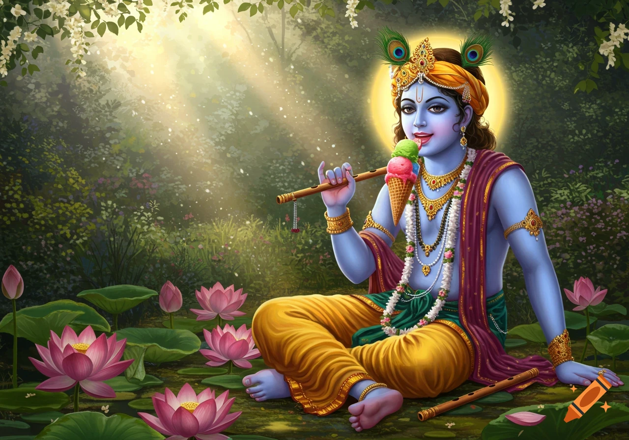 Vibrantly colored illustration of blue-skinned Krishna, adorned with peacock feathers and jewelry, sitting amidst lotus flowers and lush greenery, eating an ice cream cone while holding a flute.