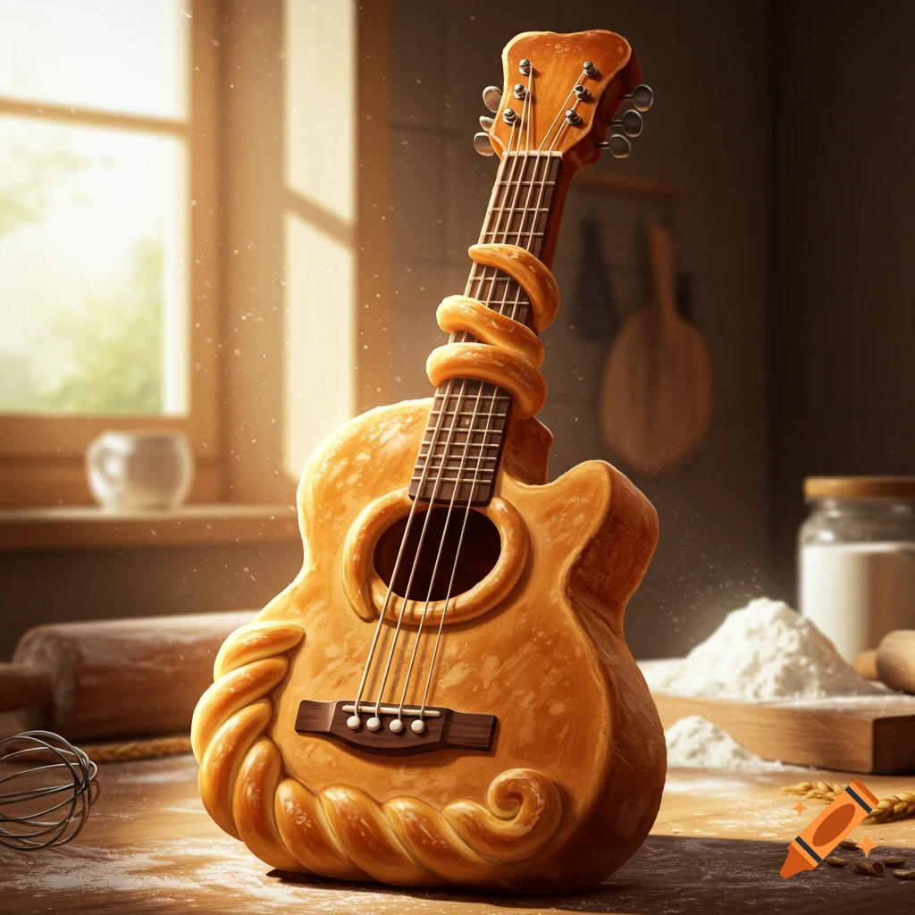 A photorealistic bread acoustic guitar with braided crust sits on a wooden counter with flour and baking tools, lit by a window.