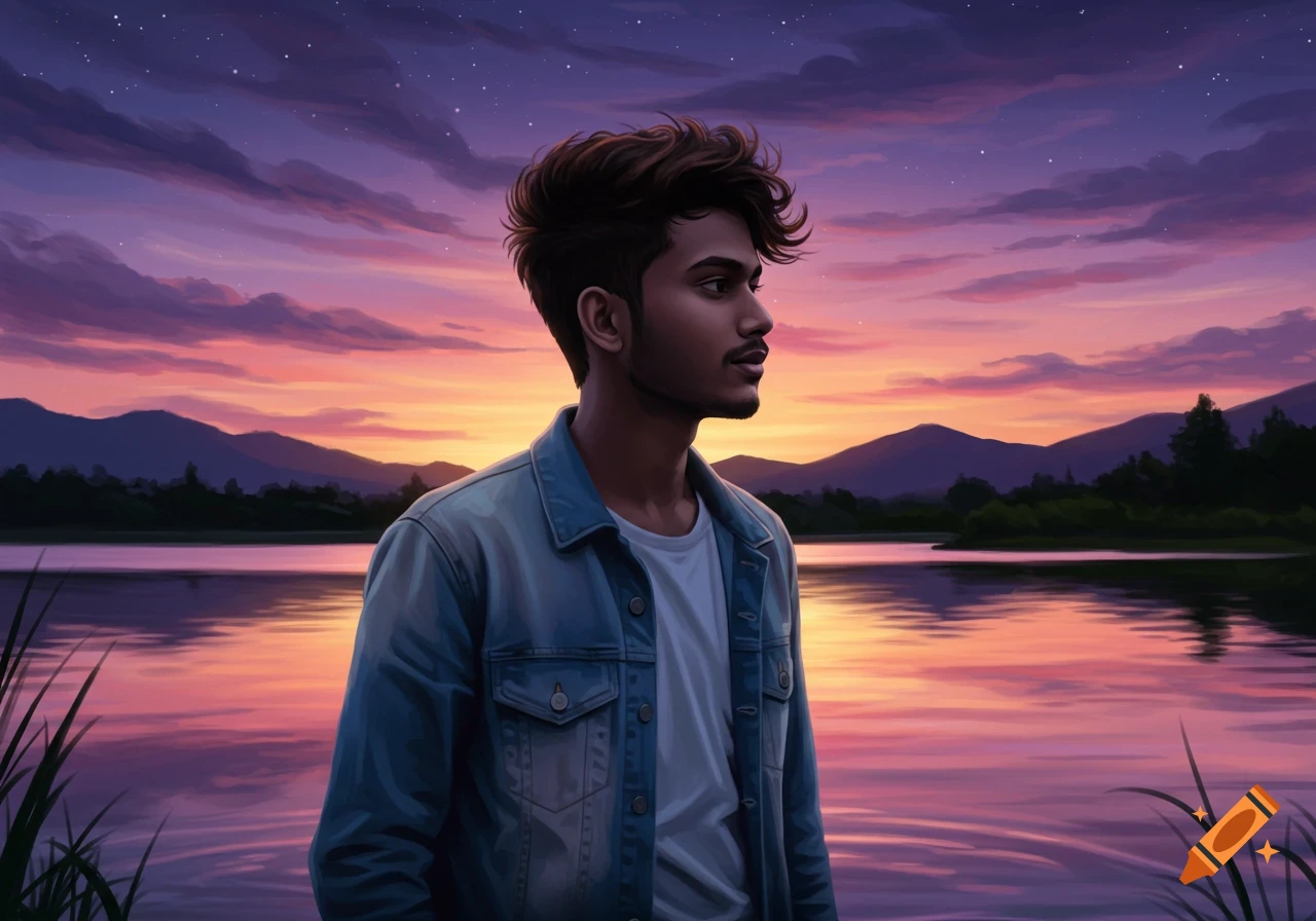 A young man with dark curly hair looks right, standing by a reflective lake at sunset with mountains in the background, in a digital painting style.