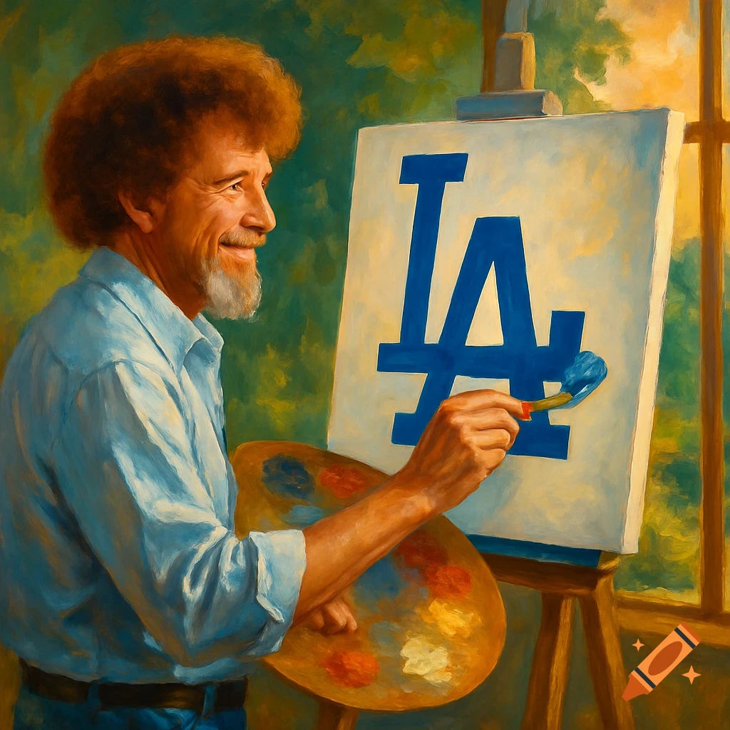 Bob Ross smiling, painting a blue LA Dodgers logo on a canvas in a painterly style.