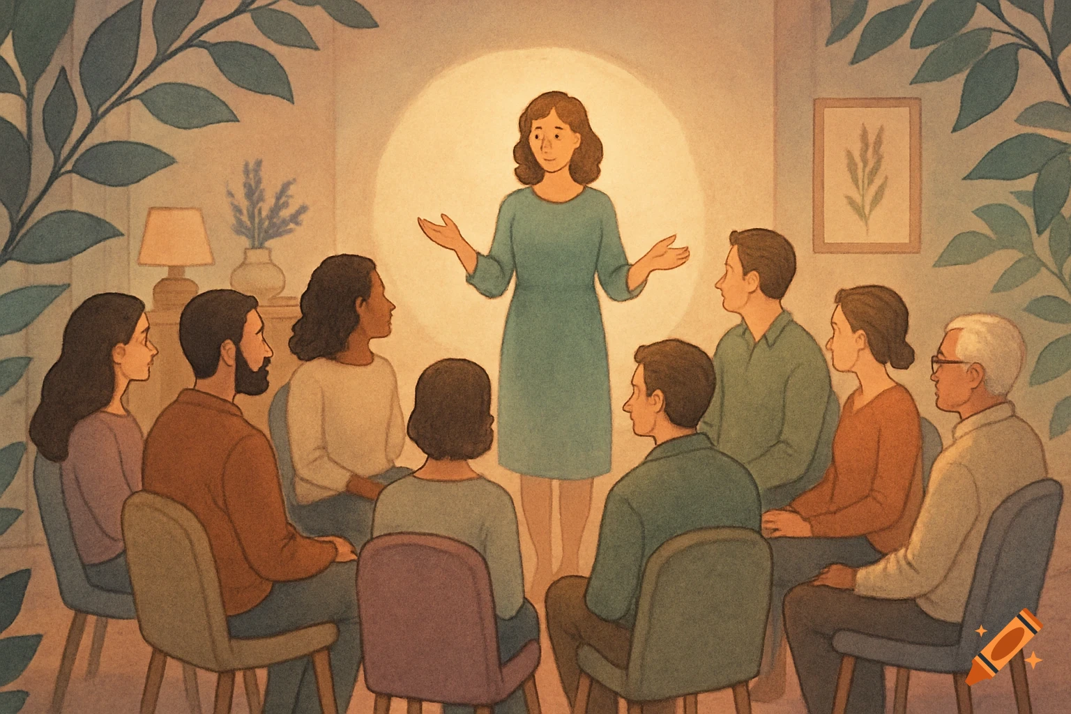 An illustration of a diverse group of people sitting in a circle, listening intently to a woman speaking under a spotlight.