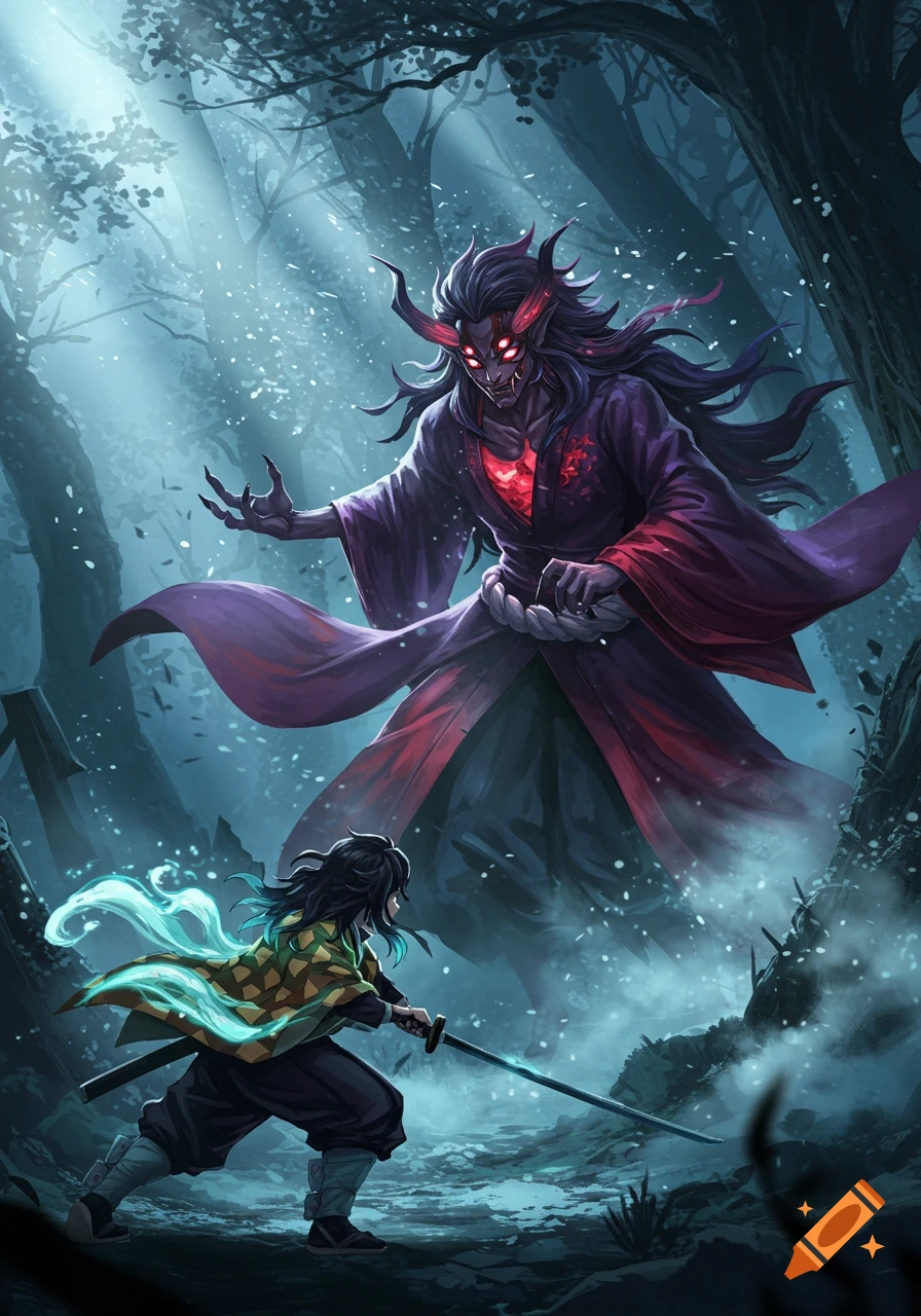 A dark-haired warrior in a patterned haori confronts a large, horned demon with glowing eyes in a misty forest, anime illustration style.