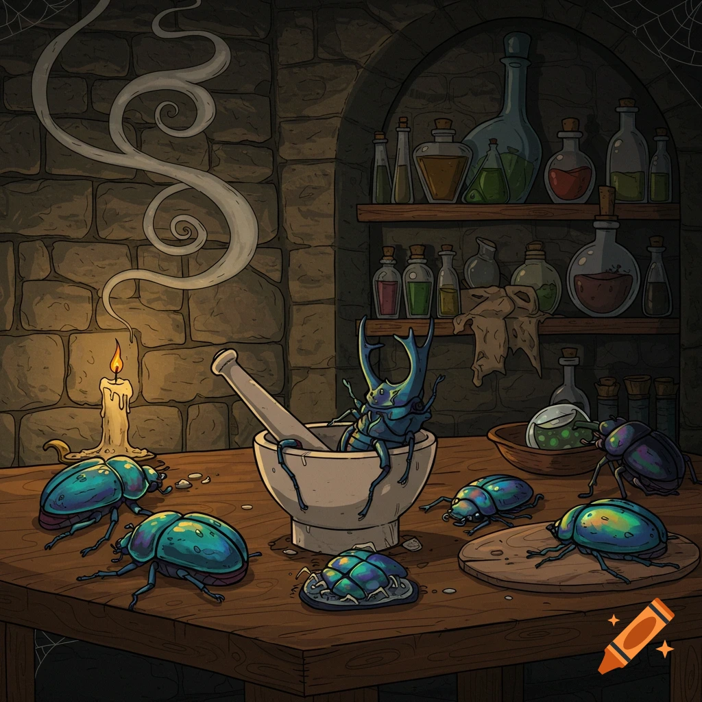 Cartoonish illustration of iridescent blue-green beetles on a wooden table with a mortar and pestle, potions, and a lit candle.