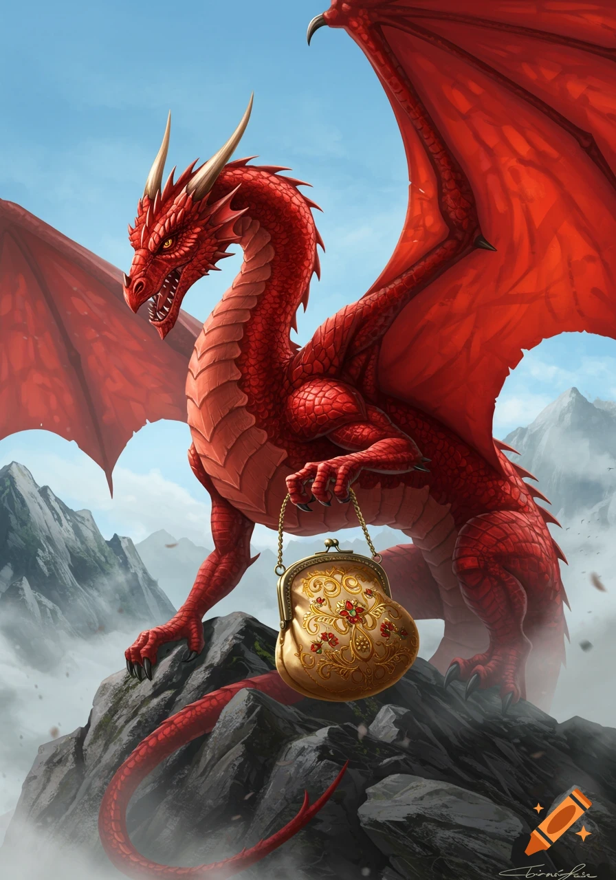 A majestic red dragon with large wings stands on a rocky mountain, holding a golden purse, with blue sky and misty mountains. Digital art.