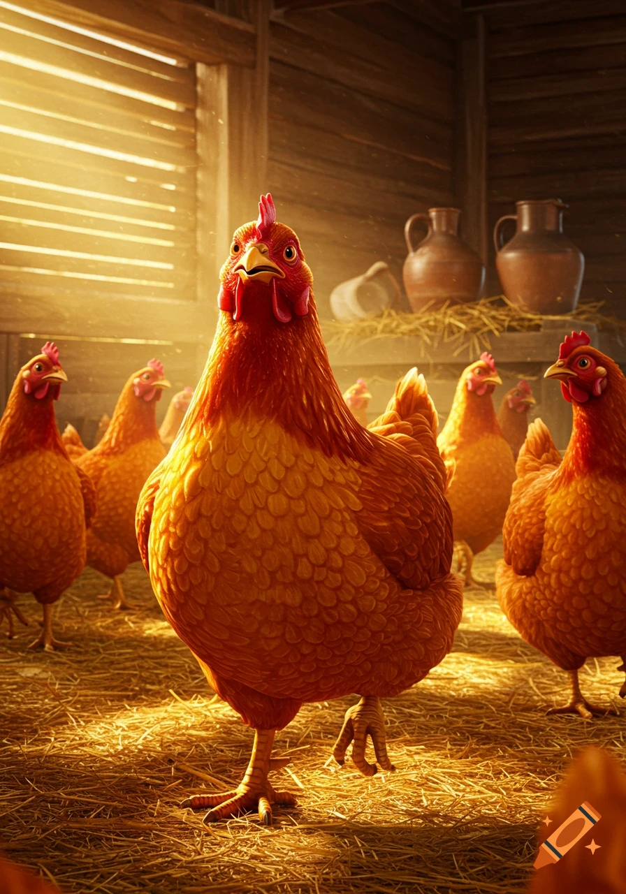 A close-up of a group of vibrant orange and red chickens standing on straw in a sunlit wooden barn, looking forward.