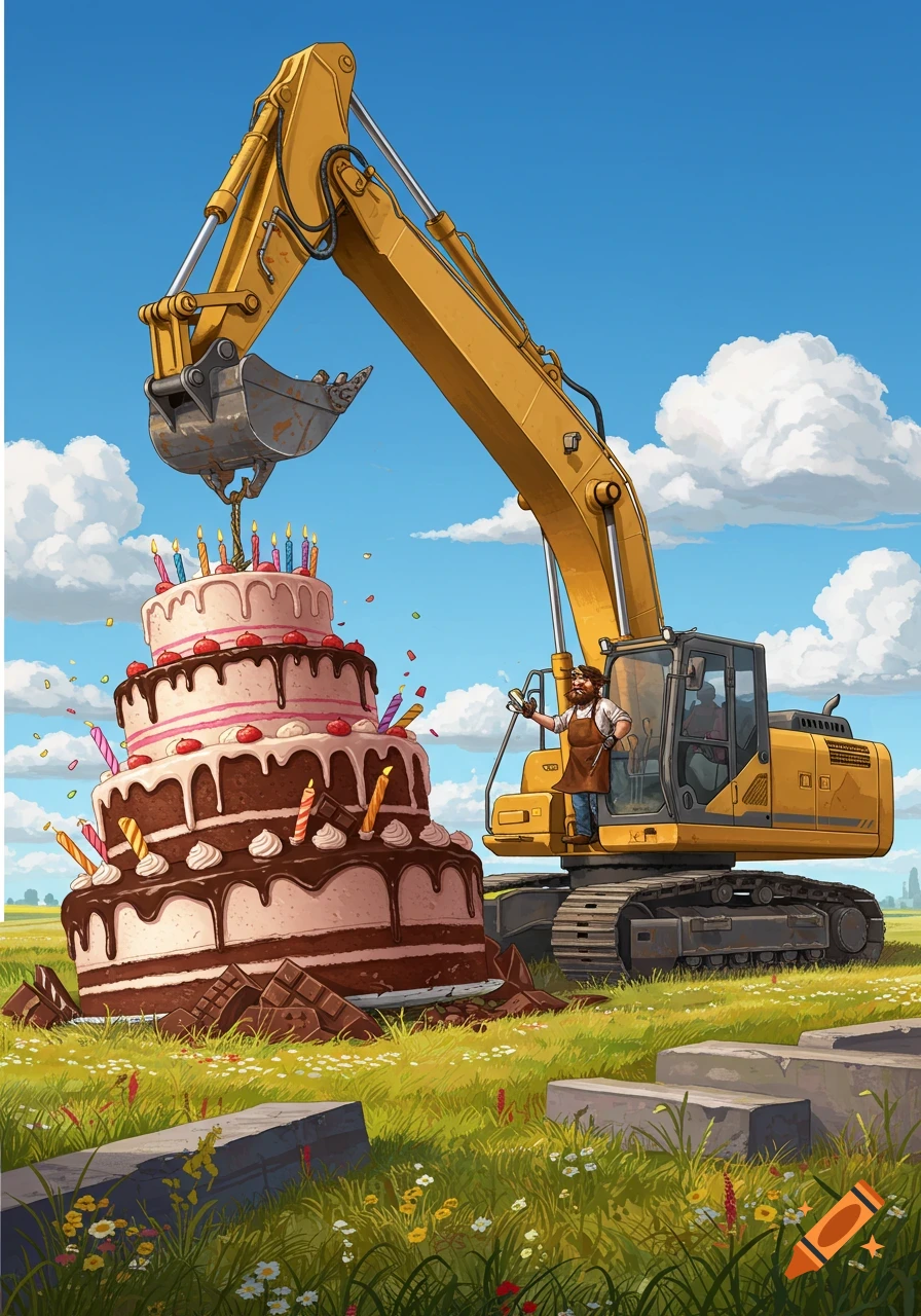 Bearded man on a large yellow excavator next to a giant tiered birthday cake in a sunny field, in an illustrative style.