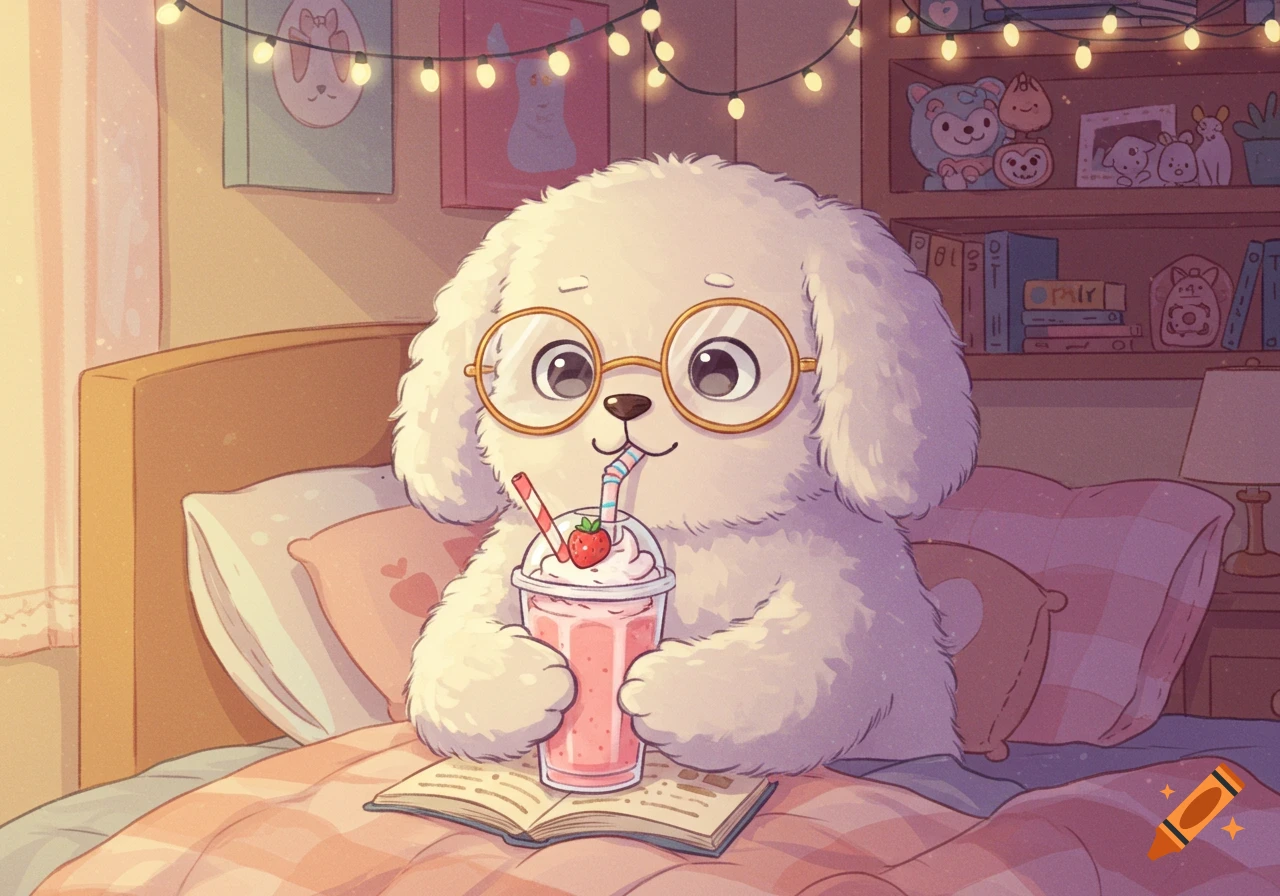 A cute cartoon dog with round glasses sips a strawberry milkshake while reading a book in a cozy, pastel-colored bedroom.