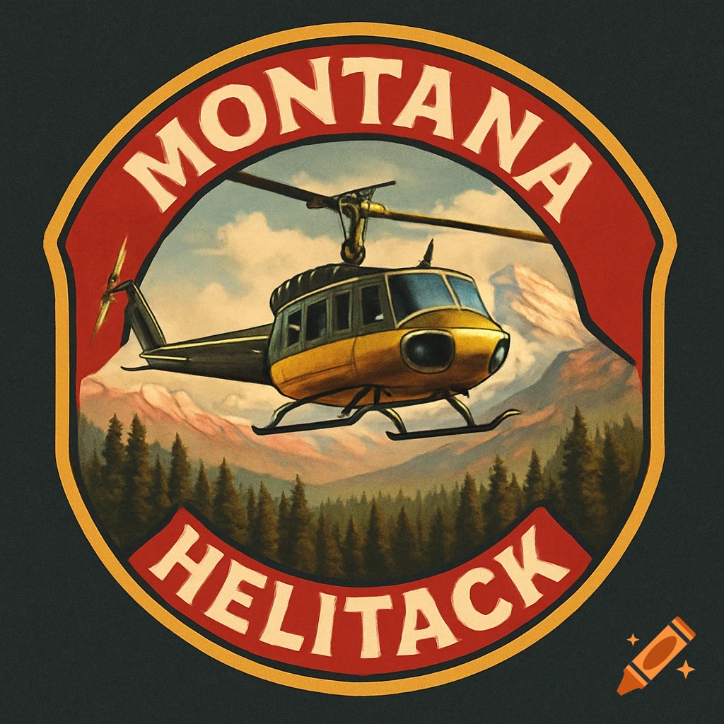 A stylized circular logo features a yellow and black Huey helicopter flying over a forested mountain landscape. Text reads "MONTANA" and "HELITACK" on a red border.