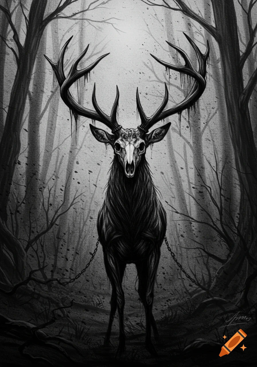 A grim charcoal drawing of a skeletal deer with large antlers and chains, standing in a dark, barren forest.