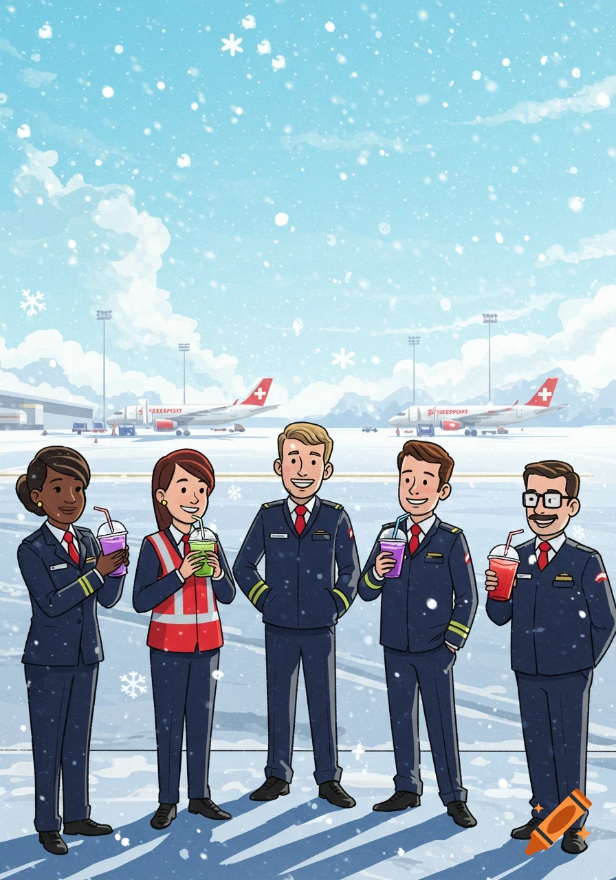 Five cartoon airport employees in uniform hold colorful smoothies on a snowy ramp with airplanes in the background.