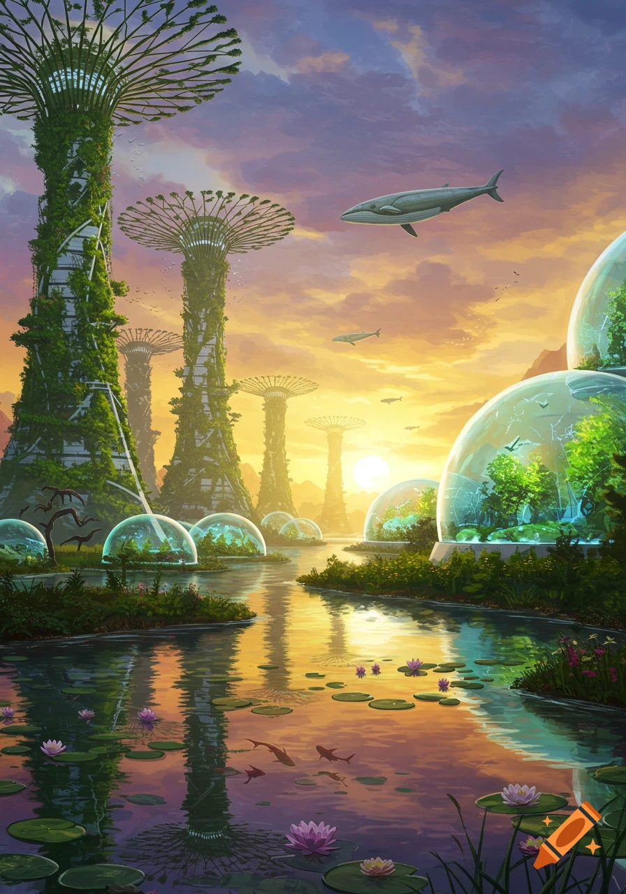 A vibrant fantasy landscape at sunset with giant plant-covered towers, flying whales, and glowing domes over a reflective river with lily pads.