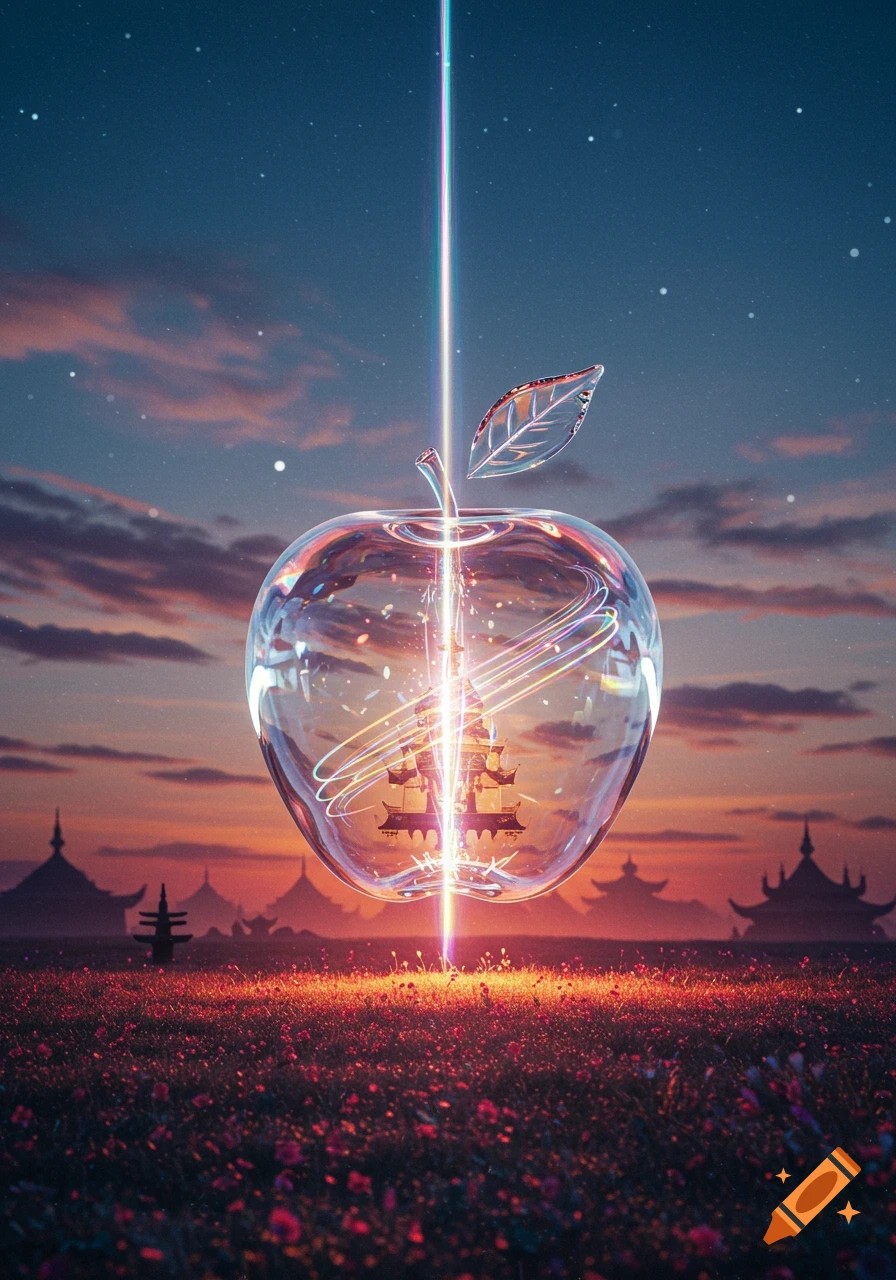 A glowing, transparent glass apple containing a pagoda-like structure and light beam floats over a field of red flowers at twilight, with stylized buildings in the background.