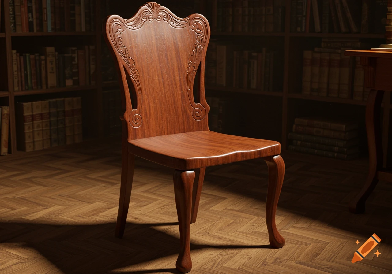 A beautifully carved wooden chair with a high back and elegant legs stands on a wooden parquet floor in a dimly lit library.