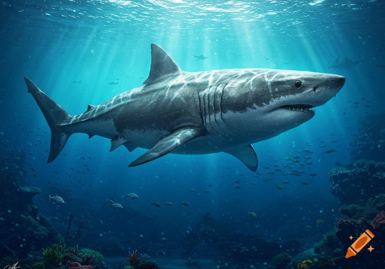 A large prehistoric megalodon shark swims through clear blue ocean water, with sunbeams, coral reefs, and small fish below.