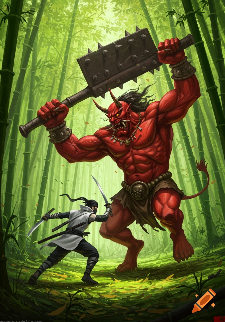A ninja in white fights a massive red Oni wielding a spiked club in a vibrant bamboo forest.