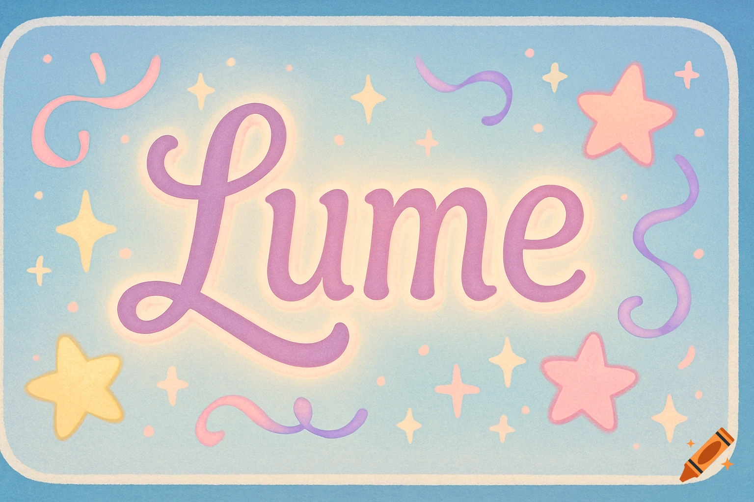 A cute pastel blue banner with the glowing purple text 'Lume' in the center, surrounded by pink and yellow stars and curly ribbons.