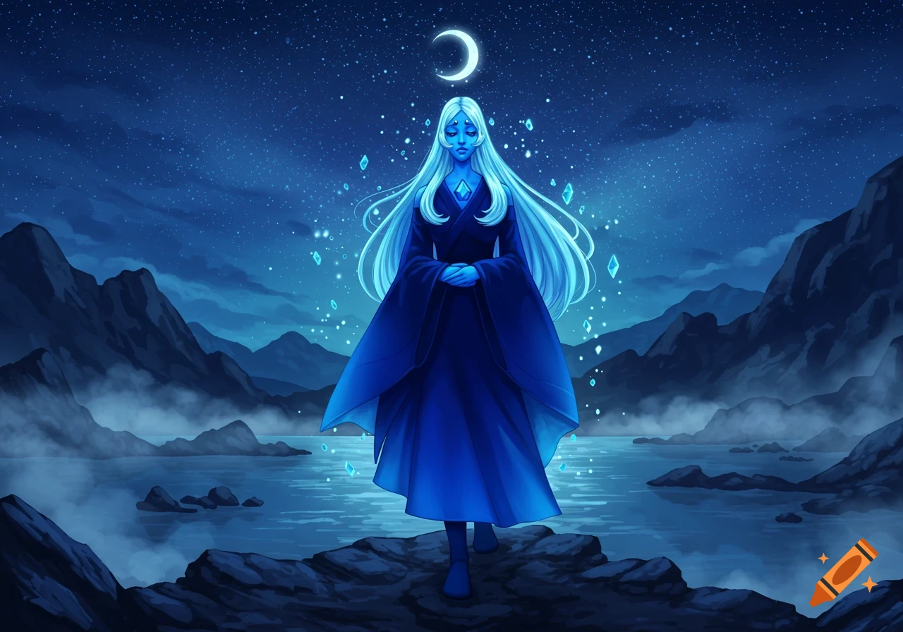 A blue-skinned, white-haired female character in a dark blue robe stands on rocks by a lake under a starry, moonlit sky with mountains.