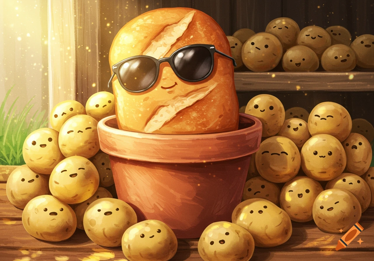 Cartoon illustration of a cool bread loaf with sunglasses in a pot, surrounded by many smiling potatoes in a sunny setting.