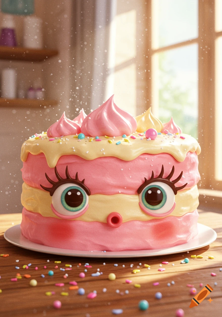 A whimsical pink and yellow layered cake with large cartoon eyes and a small O-shaped mouth, covered in sprinkles and pink frosting dollops, on a wooden table with scattered sprinkles.