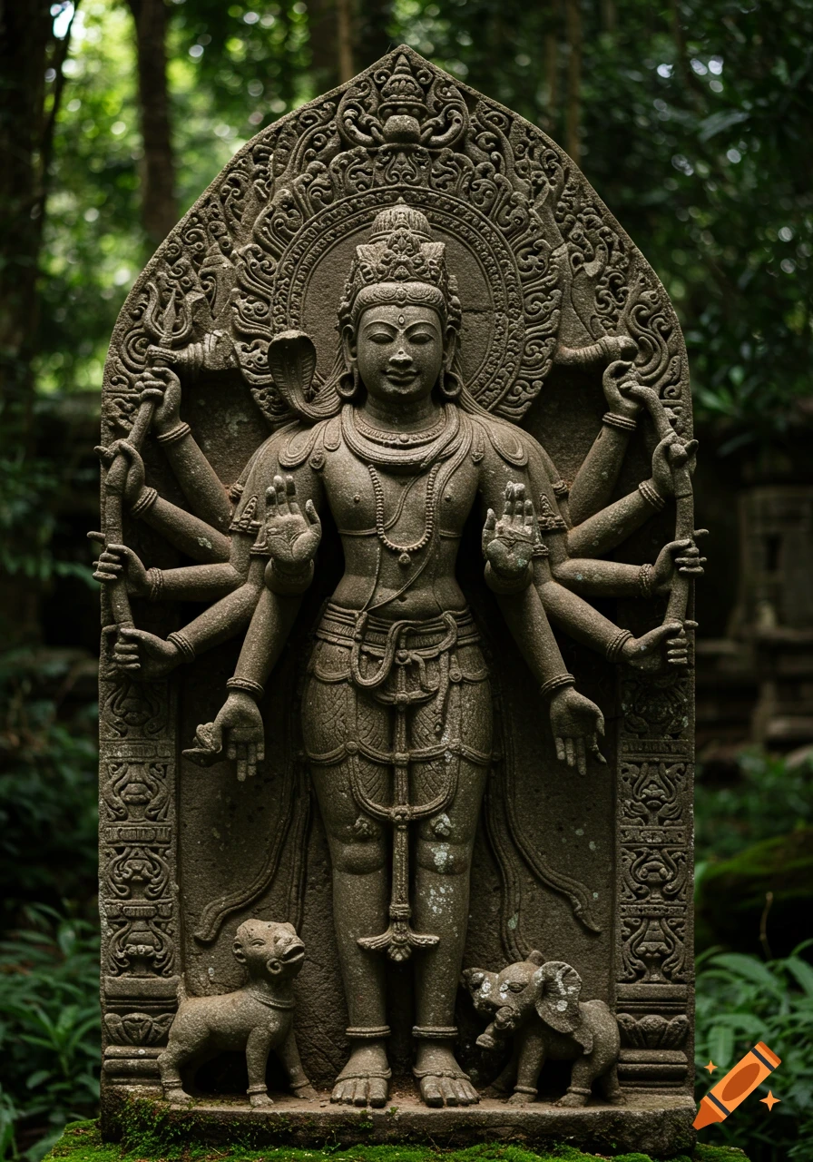 An ornate stone sculpture of a multi-armed Hindu deity with an elaborate headdress stands in a lush jungle setting.