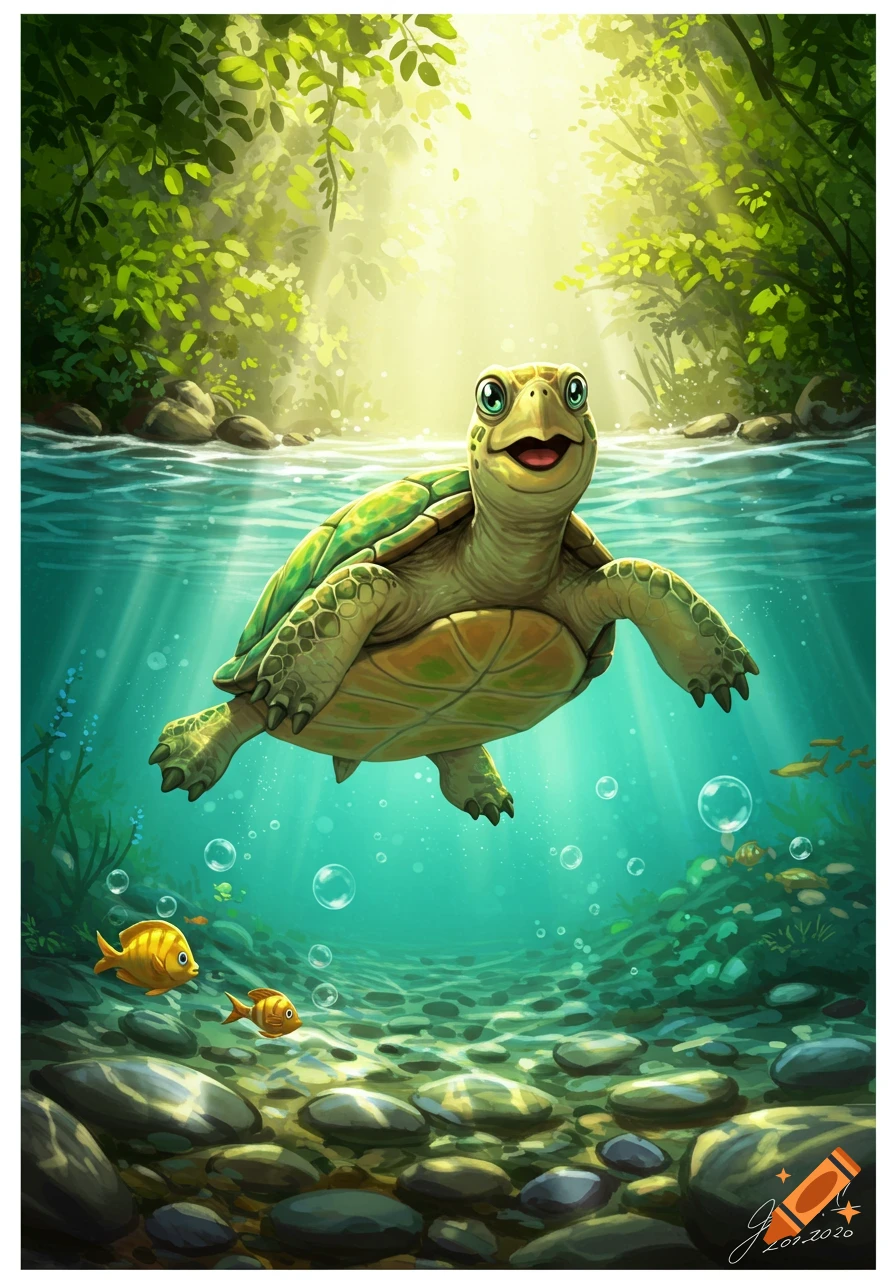 A happy, cartoon turtle swims underwater in clear, sunlit water with fish, rocks, and green foliage above.