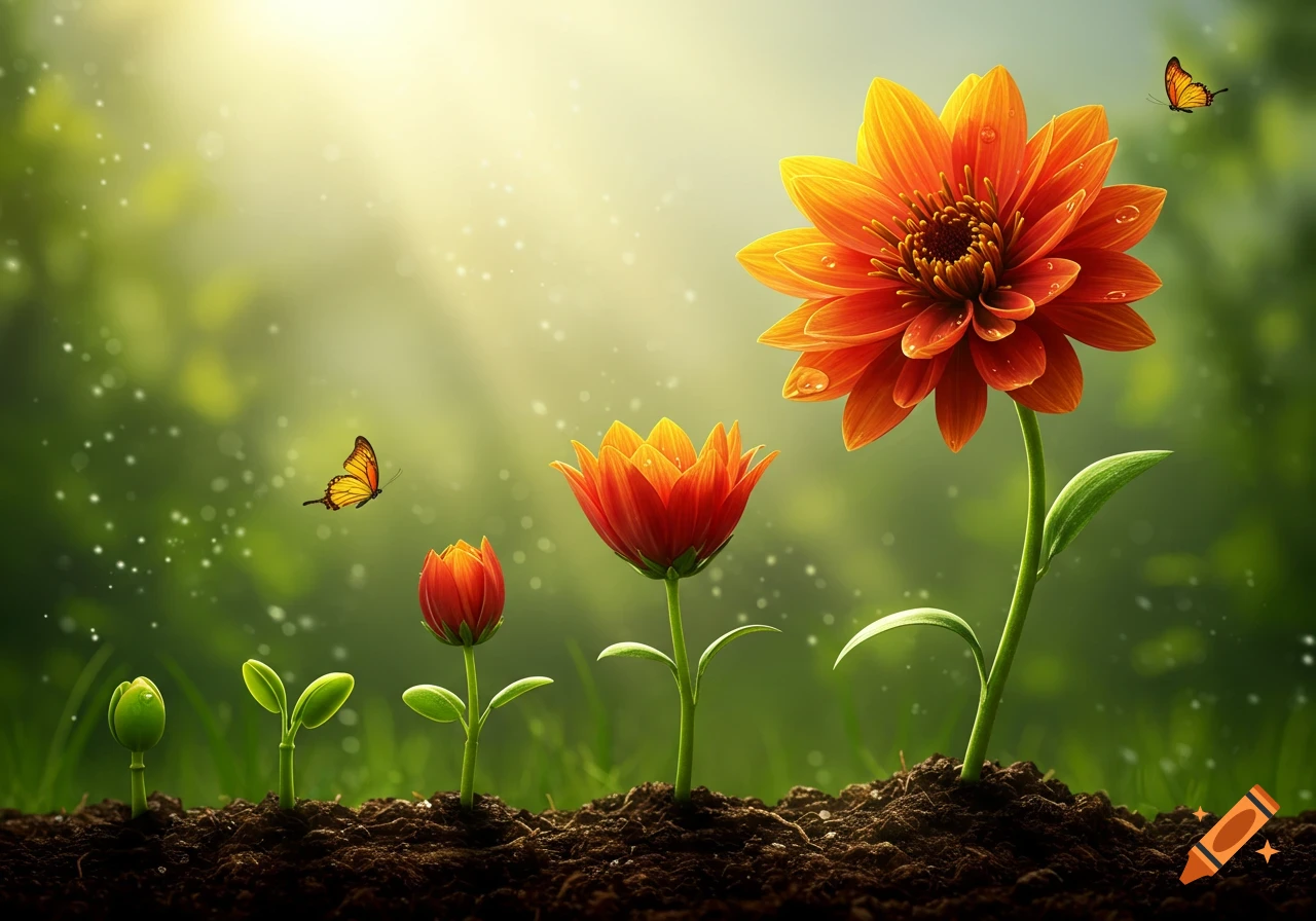 Five stages of a flower's life cycle, from sprout to bloom, with orange butterflies in a sunny, green environment.