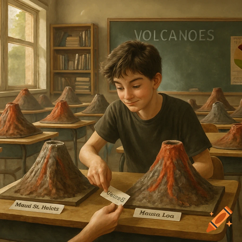 A young student in a classroom exchanging labels for volcano models on desks, with "VOLCANOES" written on the blackboard, in a realistic art style.