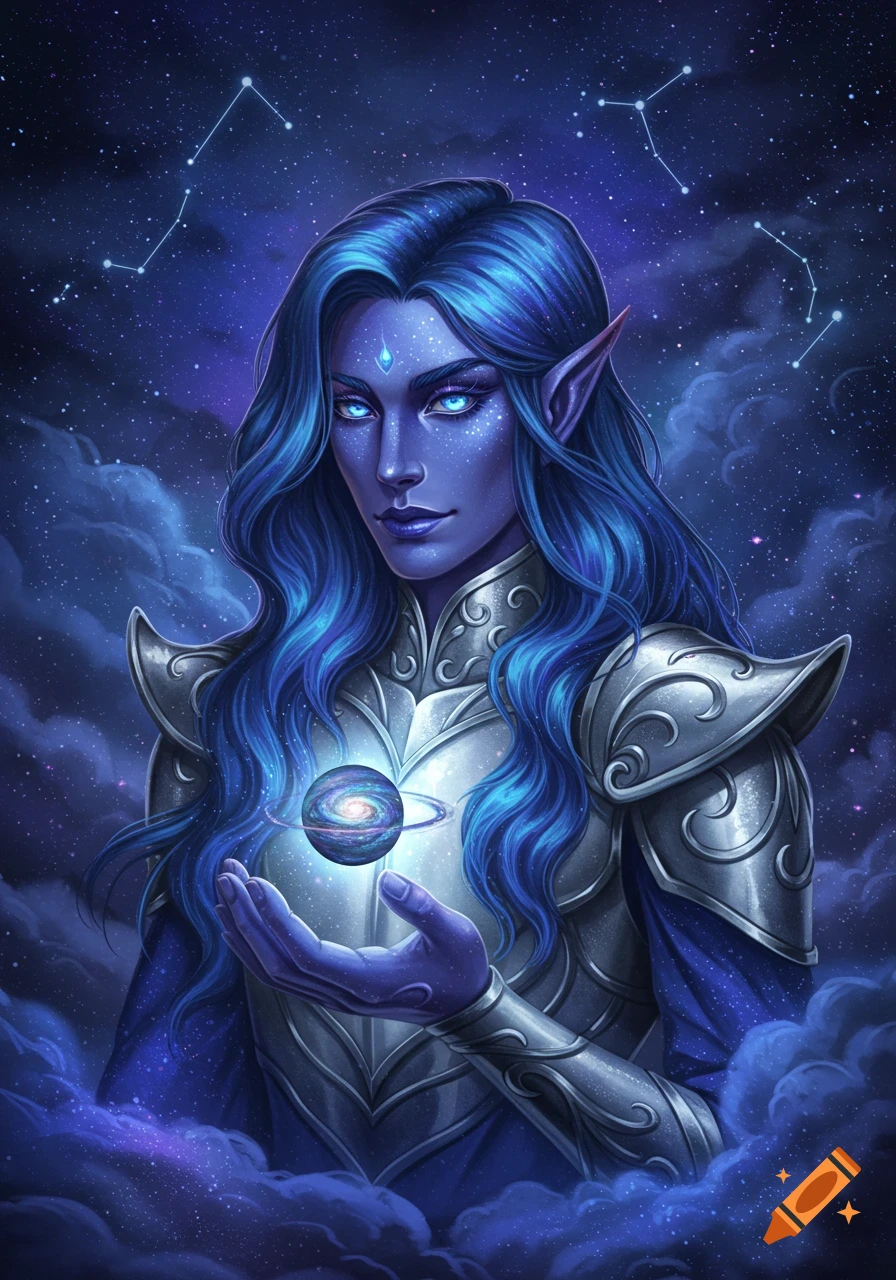 A blue-skinned, blue-haired elf in ornate silver armor holds a glowing galaxy, surrounded by a starry cosmic background.