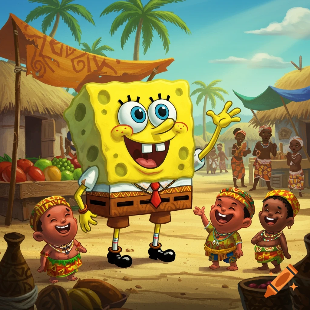 Spongebob Squarepants waves to smiling children in traditional attire at a vibrant, sunny African village market, cartoon style.