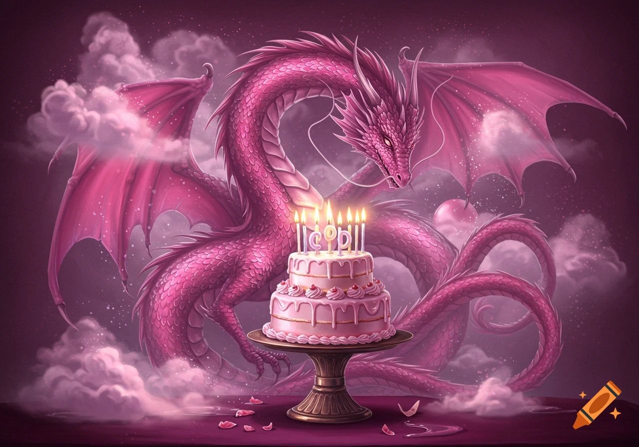 A majestic pink dragon with large wings and scales watches over a two-tier pink birthday cake with lit candles, surrounded by soft pink clouds.