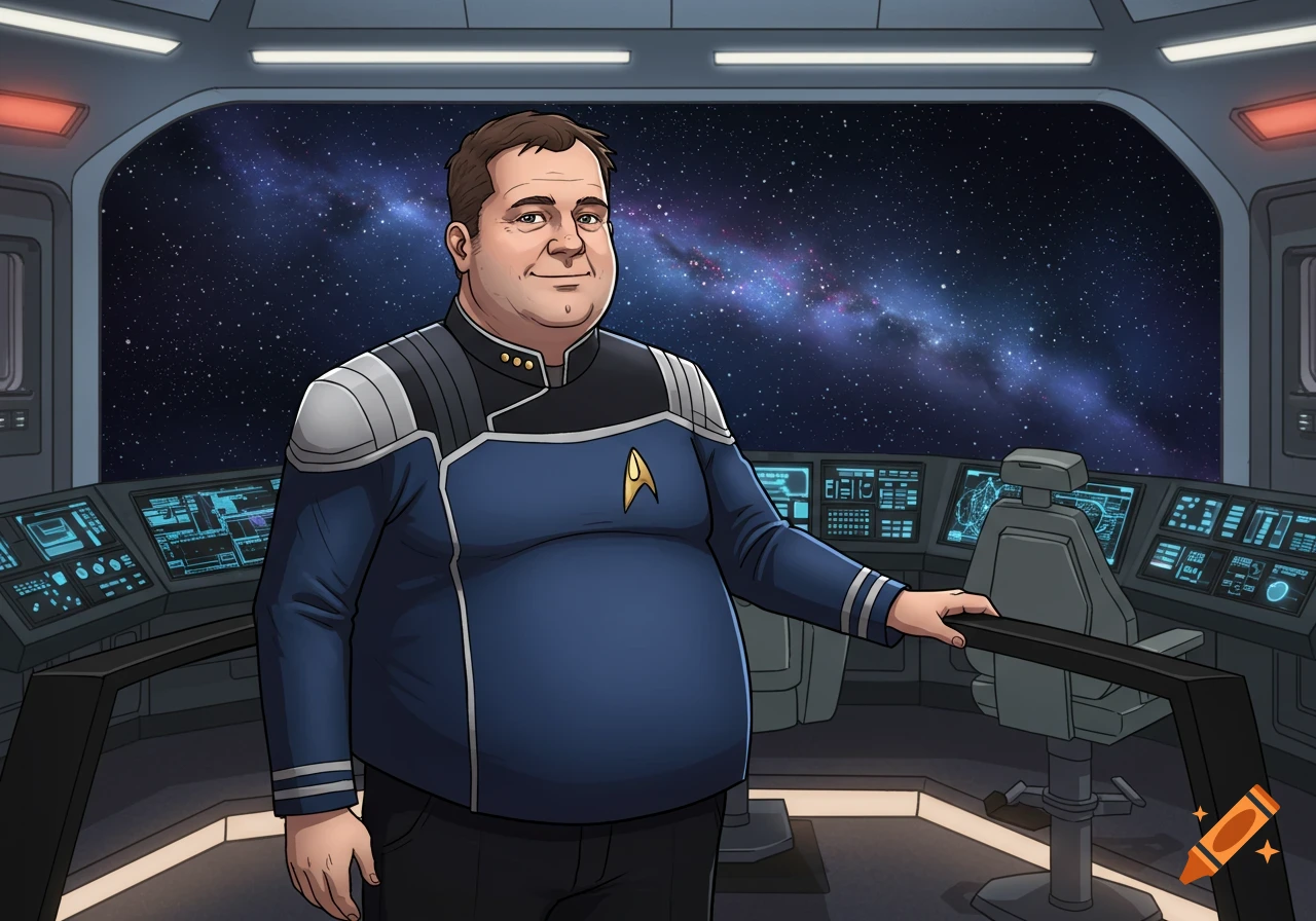 Cartoon drawing of a man in a futuristic Star Trek-style captain uniform, standing confidently on a spaceship bridge with outer space visible.