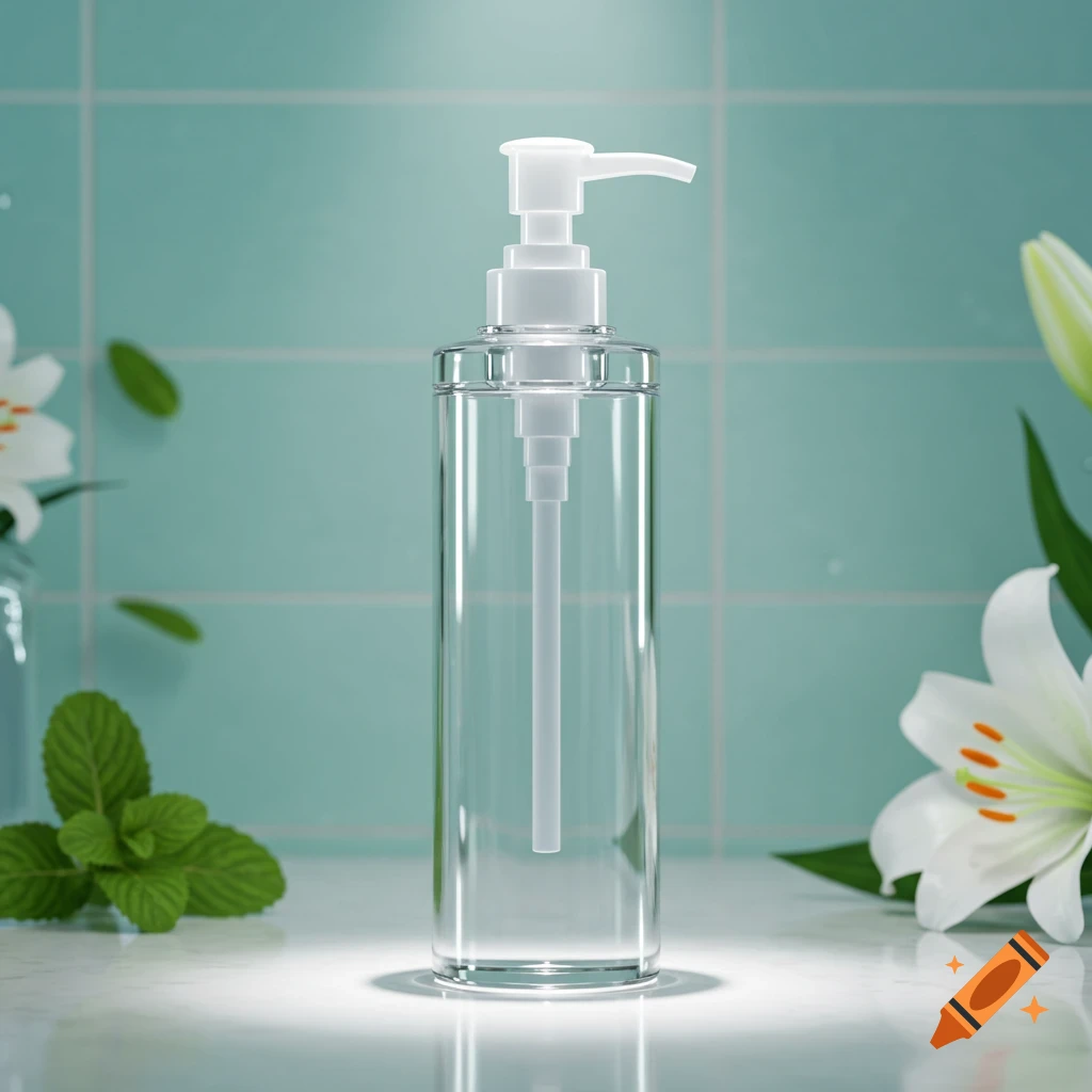 A clear pump bottle on a white surface, with a green tiled wall, white lilies, and mint leaves in the background. Photorealistic.